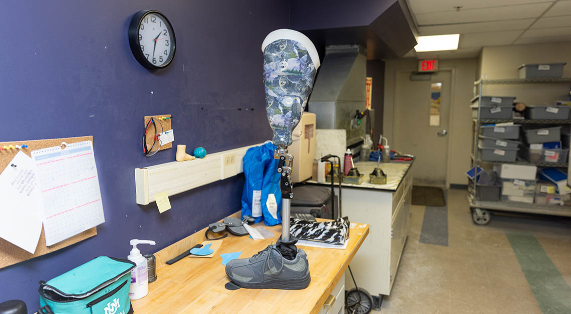 A prosthetic leg in a workshop