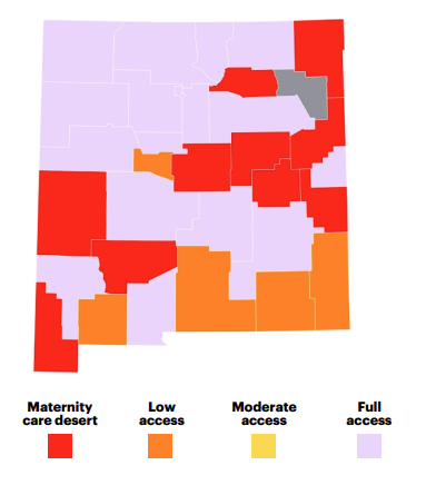 Maternity Care Desert graphic showing New Mexico counties that have low, moderate, full, or no access to maternity care.