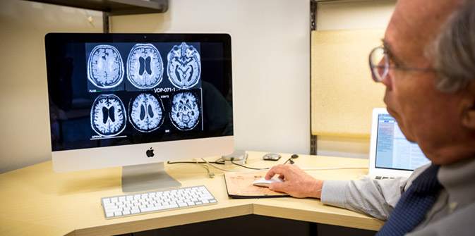 A researcher looks through brain scans on his computer
